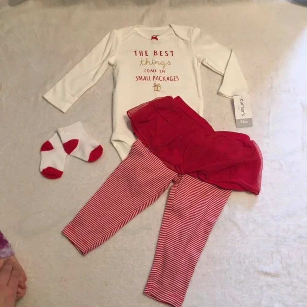 Carter's 3pc Tutu Outfit Set Baby Girl 12M Red White New Small Packages Holiday